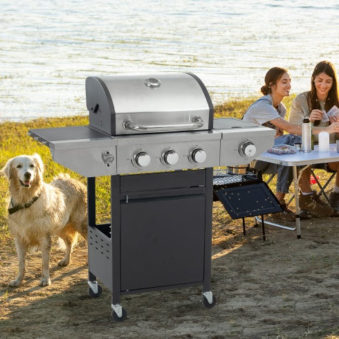 3-Burner Propane BBQ Grill with Side Burner, Stainless Steel Gas Grill – 37,000 BTU Outdoor Patio Cooking, Black & Silver