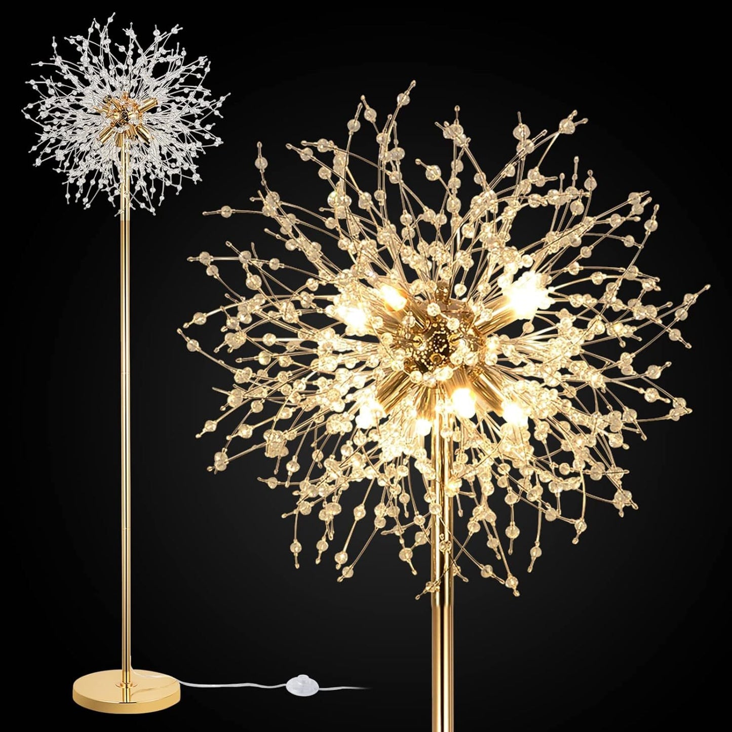 Elegant Crystal Floor Lamp - 69 Inch Modern Sputnik Design, 8-Lamp Heads, Chrome Finish, Living Room & Bedroom Lighting