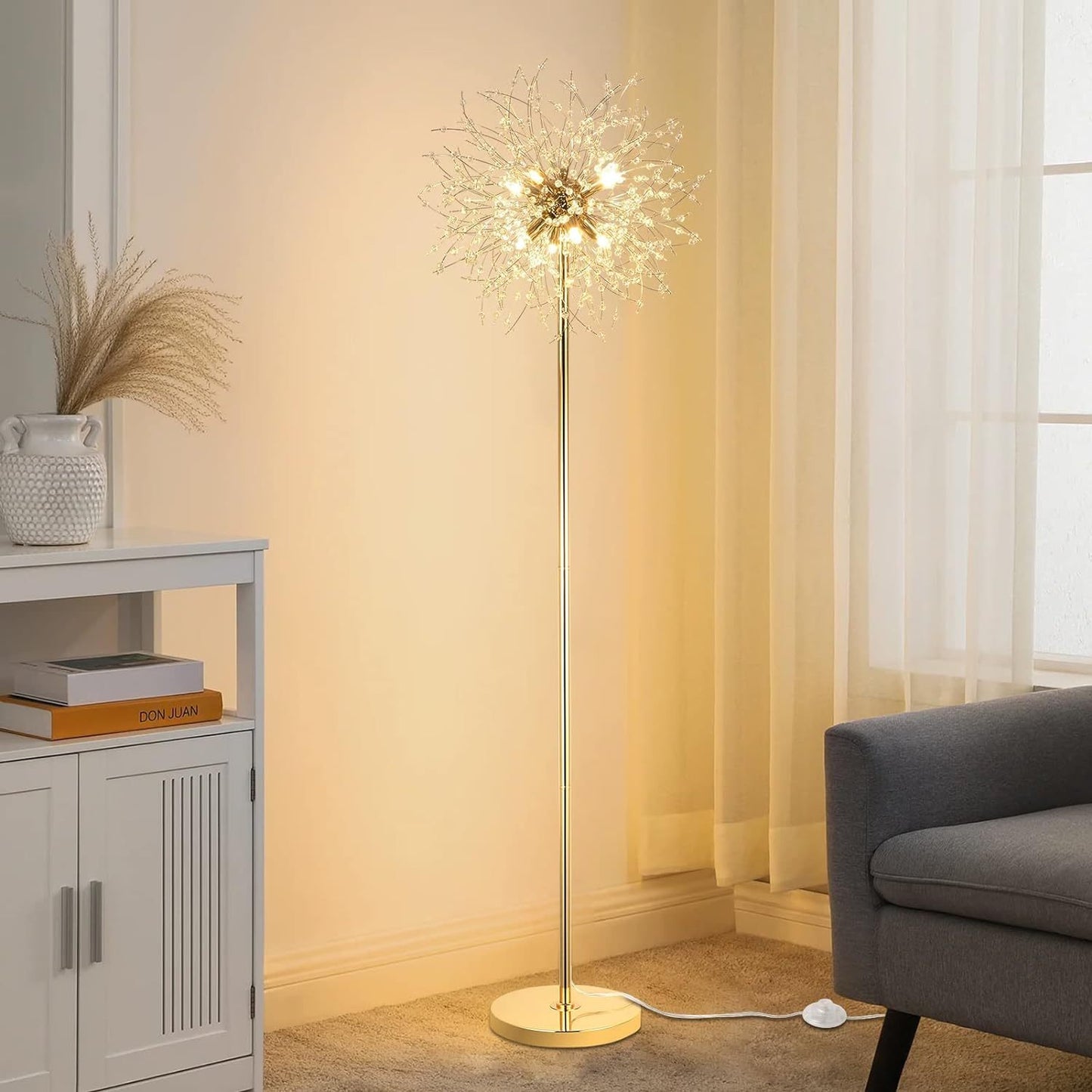 Elegant Crystal Floor Lamp - 69 Inch Modern Sputnik Design, 8-Lamp Heads, Chrome Finish, Living Room & Bedroom Lighting