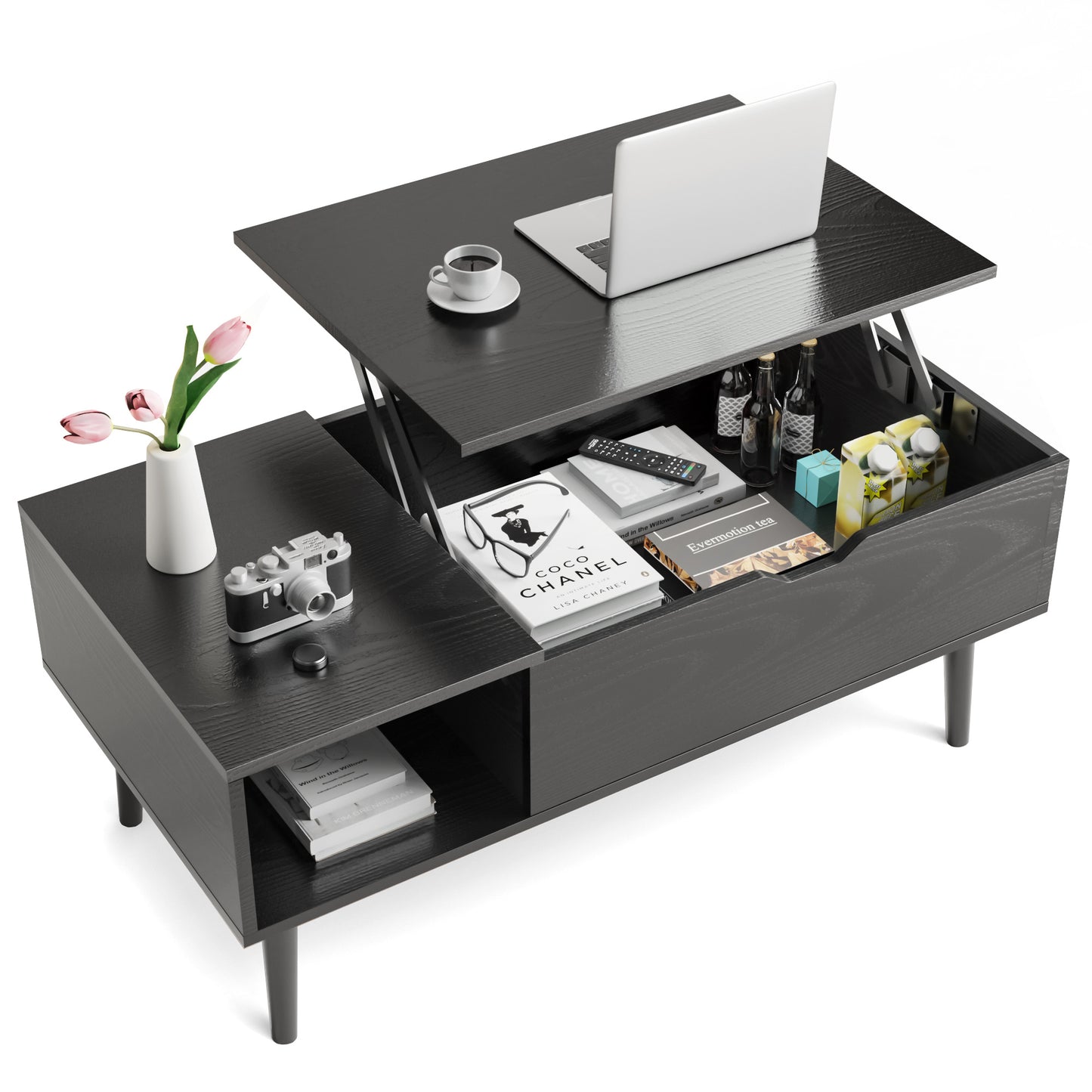 Lift-Top Coffee Table with Storage | Modern Wood Design for Living Room & Office - Black/Brown