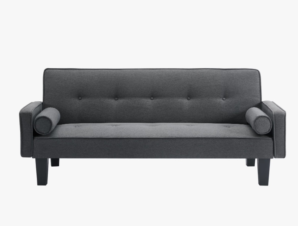 "Modern Dark Grey Fabric Love Seat Sofa – Button Tufted Design with Pillows, Pull Point Backrest, Ideal for Living Room"