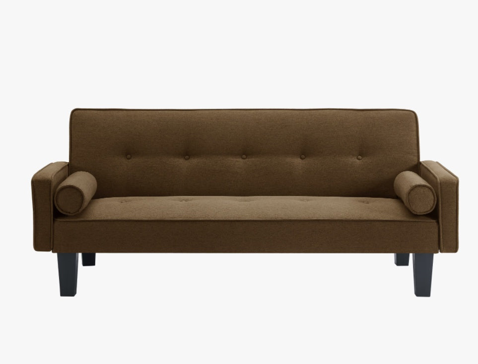 "Mid-Century Modern Brown Fabric Love Seat Sofa – Button Tufted with Pillows, Pull Point Backrest, Ideal for Living Room & Bedroom"