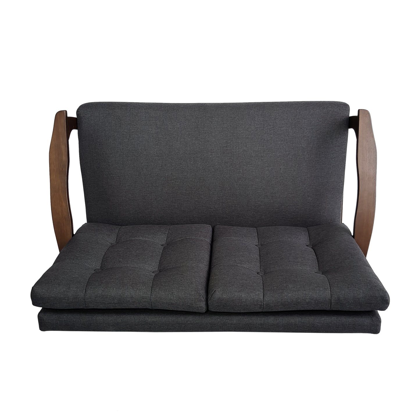 "Luxurious Charcoal Grey 2-Person Sofa – Button-Stitched Fabric Sofa with Walnut Wood Legs"