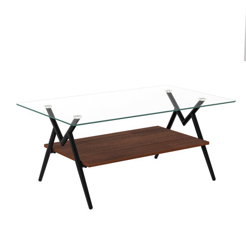 Rectangle Coffee Table with Tempered Glass Top & Black Metal Legs – Modern Living Room Table with Sturdy MDF Base