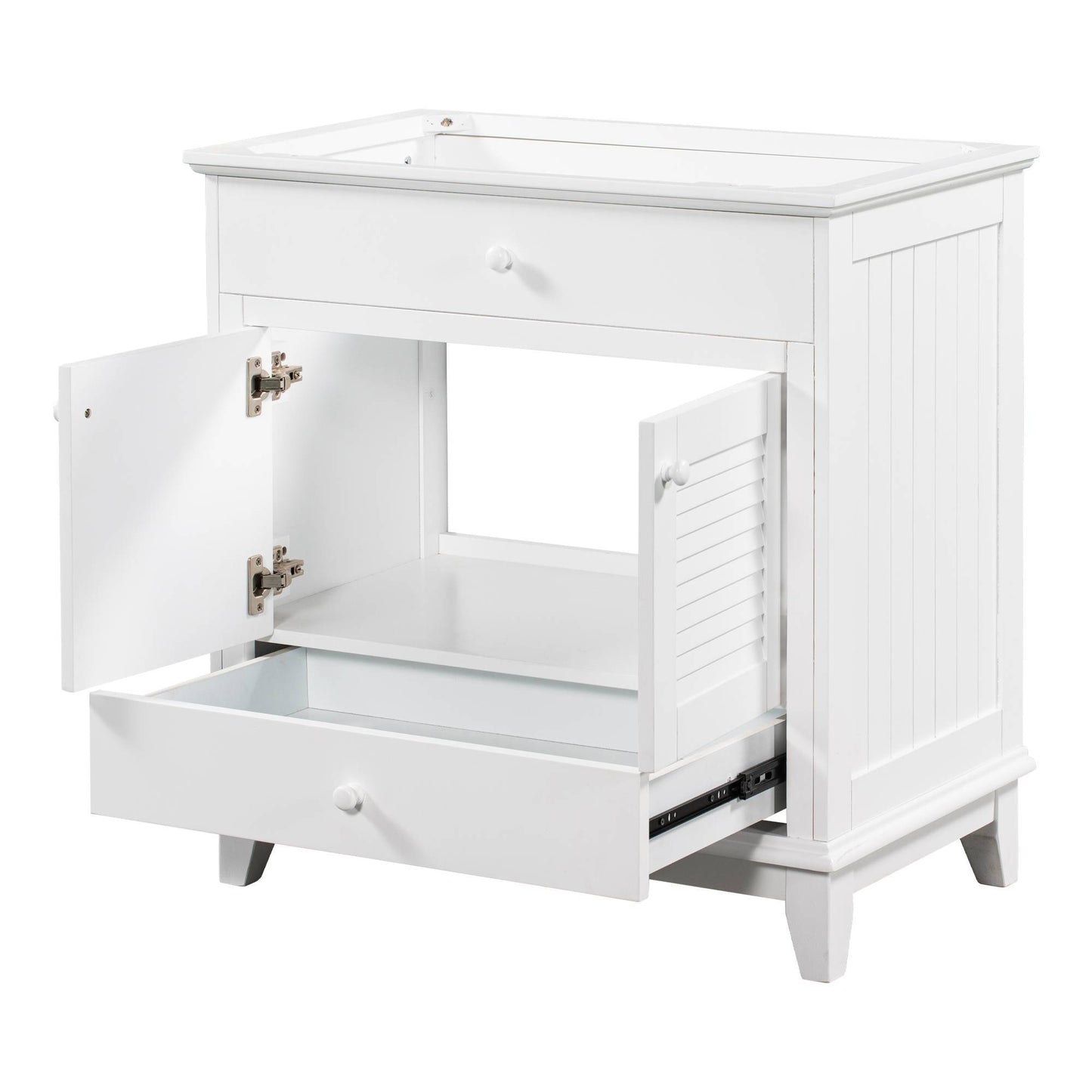 Modern White Bathroom Cabinet Base – Solid Wood Frame, Shutter Door Design, Freestanding Vanity Base