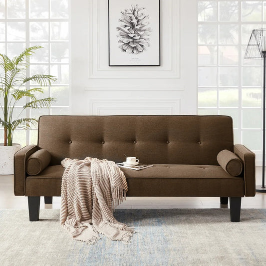 "Mid-Century Modern Brown Fabric Love Seat Sofa – Button Tufted with Pillows, Pull Point Backrest, Ideal for Living Room & Bedroom"