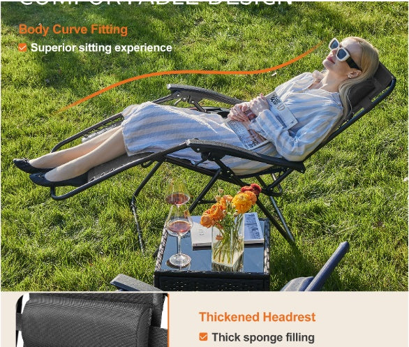 2-Pack Adjustable Reclining Patio Chairs with Detachable Tray, Portable Outdoor Lounge Chairs – Black/Bluetooth, Mesh Fabric, Adjustable Headrest, 300lb Capacity