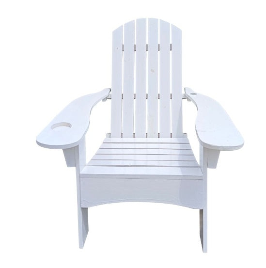 White Outdoor/Indoor Wooden Adirondack Chair with Umbrella Hole - Solid Wood, Relaxing Reclining Seat