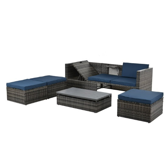 "5-Piece Outdoor Wicker Patio Furniture Set – Dark Gray PE Rattan Sofa with Recliner, Lift-Top Coffee Table, & Footstools for Backyard, Poolside, & Garden"