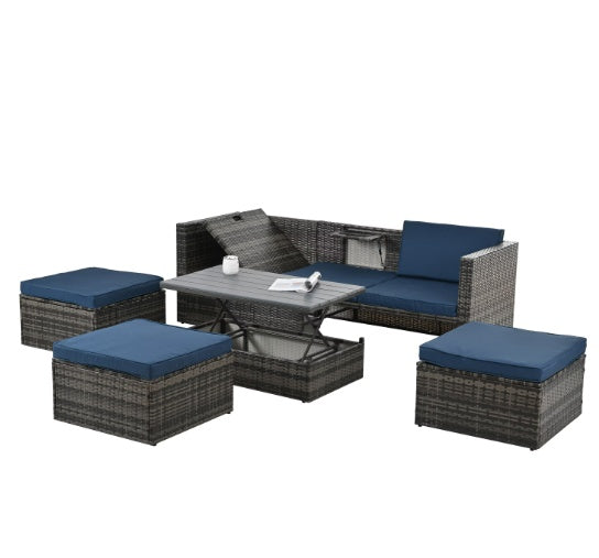 "5-Piece Outdoor Wicker Patio Furniture Set – Dark Gray PE Rattan Sofa with Recliner, Lift-Top Coffee Table, & Footstools for Backyard, Poolside, & Garden"