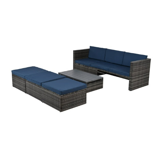 "5-Piece Outdoor Wicker Patio Furniture Set – Dark Gray PE Rattan Sofa with Recliner, Lift-Top Coffee Table, & Footstools for Backyard, Poolside, & Garden"