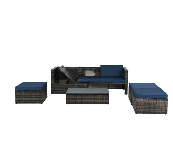 "5-Piece Outdoor Wicker Patio Furniture Set – Dark Gray PE Rattan Sofa with Recliner, Lift-Top Coffee Table, & Footstools for Backyard, Poolside, & Garden"