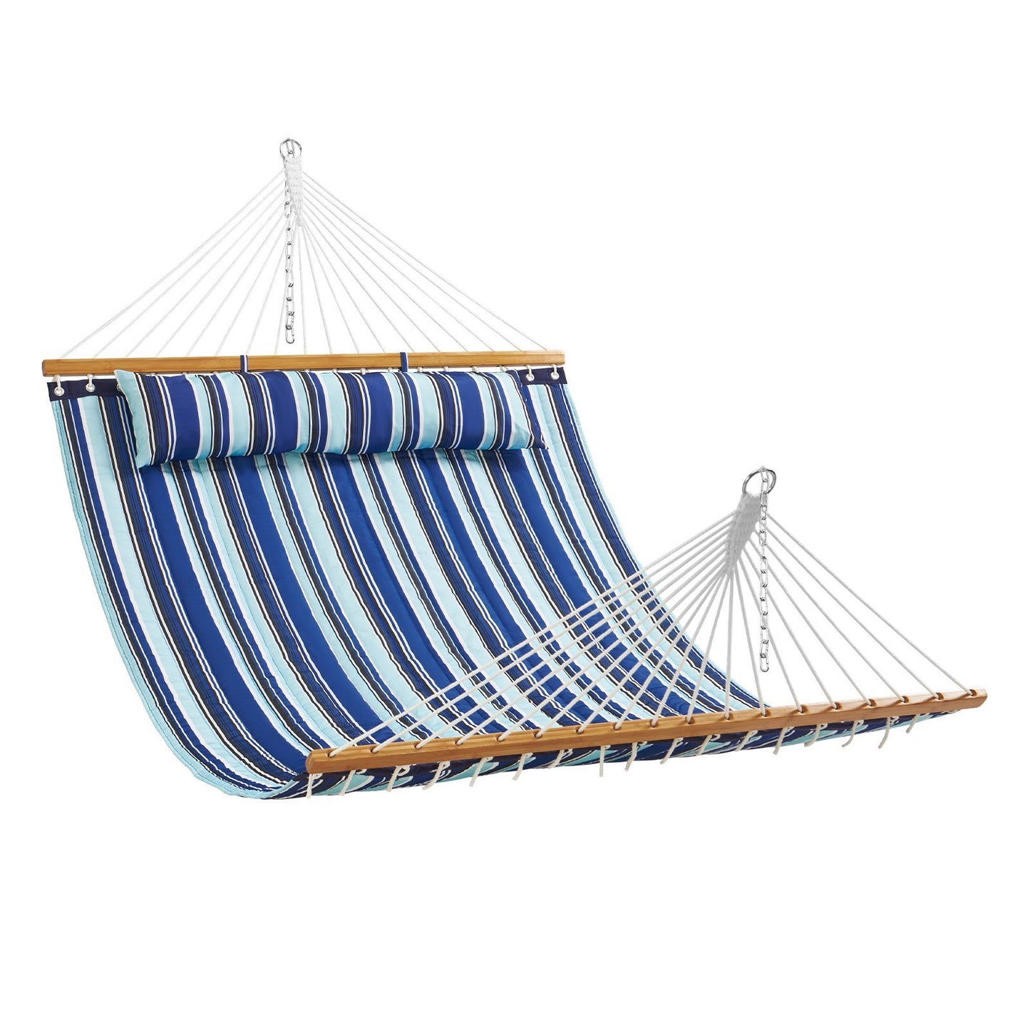 Double Quilted Fabric Hammock – 12 FT 2-Person Hammock with Hardwood Spreader Bar, Detachable Pillow & Chains for Camping, Outdoor Patio, Yard, Beach – 480 lbs Capacity