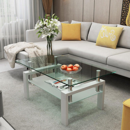 Modern White Coffee Table with Clear Glass Top – Double Layer Storage & Metal Legs for Living Room