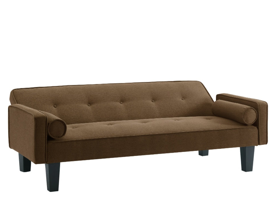 "Mid-Century Modern Brown Fabric Love Seat Sofa – Button Tufted with Pillows, Pull Point Backrest, Ideal for Living Room & Bedroom"