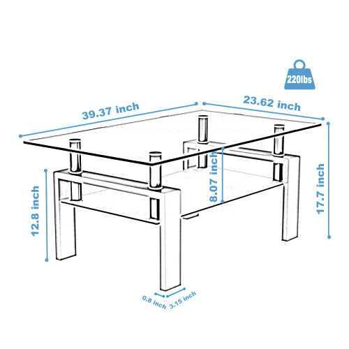 Modern White Coffee Table with Clear Glass Top – Double Layer Storage & Metal Legs for Living Room