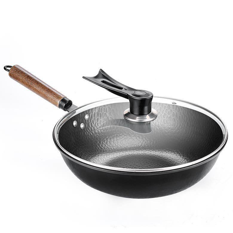 High-Quality Iron Pan with Wooden Handle & Lid - 40x32x10 cm, Non-Stick, Induction Base, No Chemical Coating