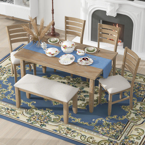 TREXM Dining Table and Chairs with Benches, 6-Piece Country Wood Dining Set (Natural Wood Wash)