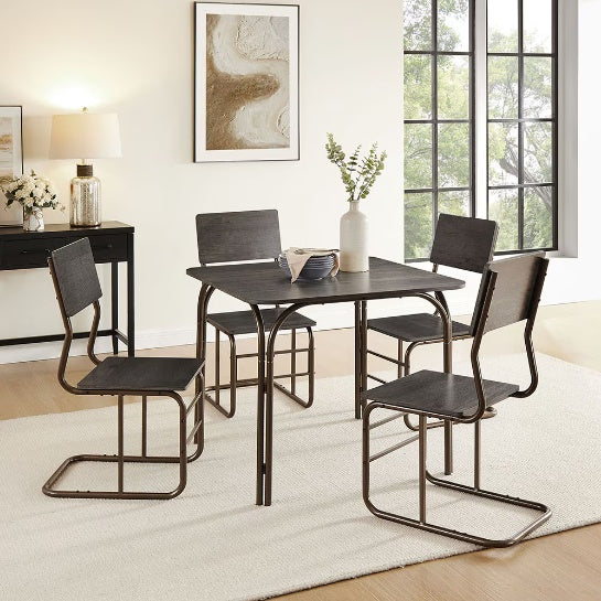 5-Piece Modern Dining Table & 4 Chairs Set - Antique Bronze, MDF + Metal, for Kitchen & Dining Room