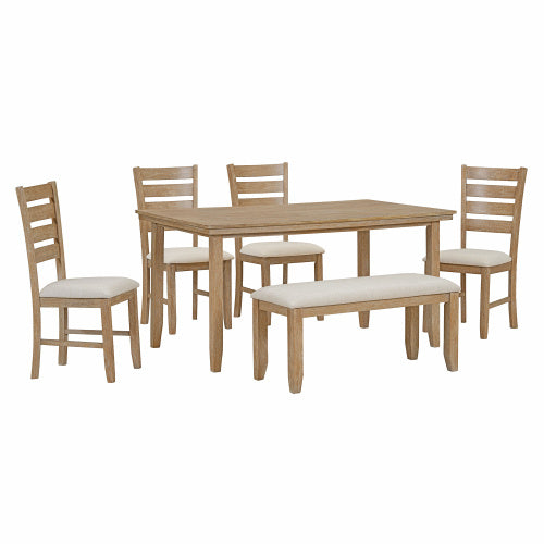 TREXM Dining Table and Chairs with Benches, 6-Piece Country Wood Dining Set (Natural Wood Wash)