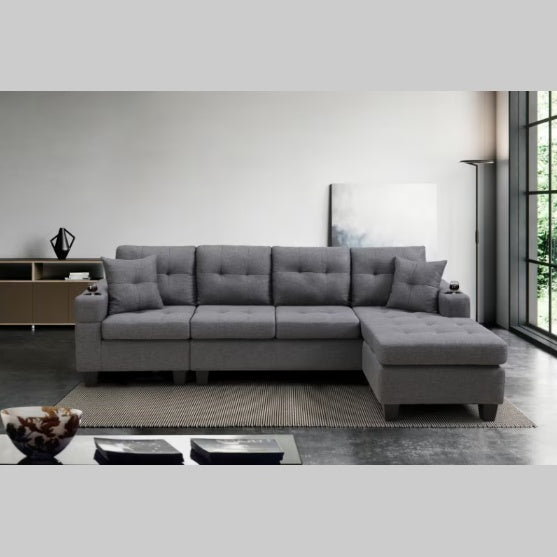 "Modern Grey Sectional Sofa – Comfortable Fabric Couch with Cup Holders & Pillows, Durable Design"