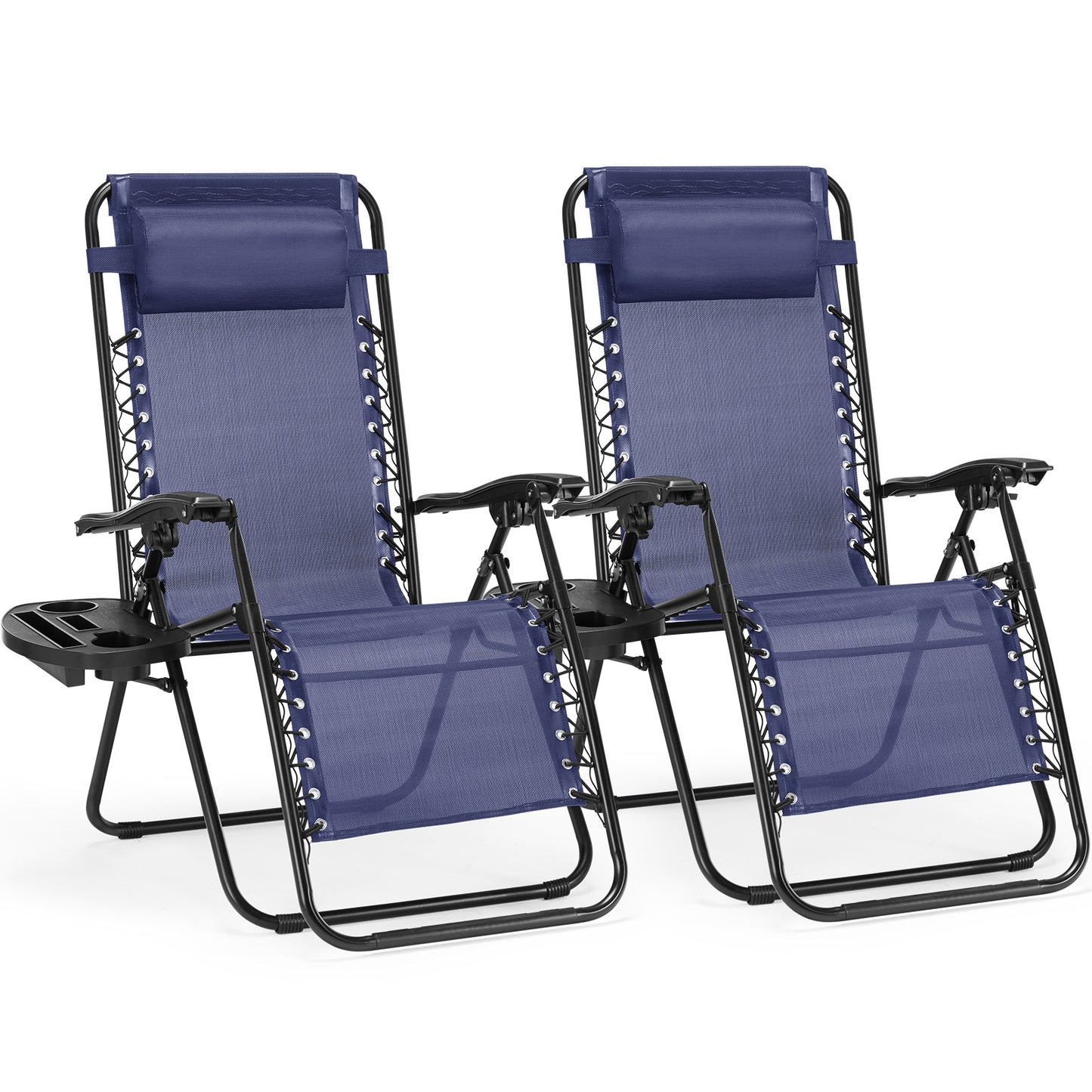 2-Pack Adjustable Reclining Patio Chairs with Detachable Tray, Portable Outdoor Lounge Chairs – Black/Bluetooth, Mesh Fabric, Adjustable Headrest, 300lb Capacity