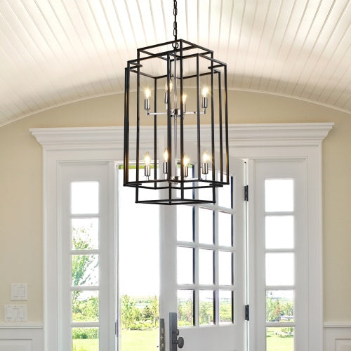 8-Layer Industrial Farmhouse Chandelier – Black & Silver Pendant Lighting for Living Room, Kitchen, and Hallway