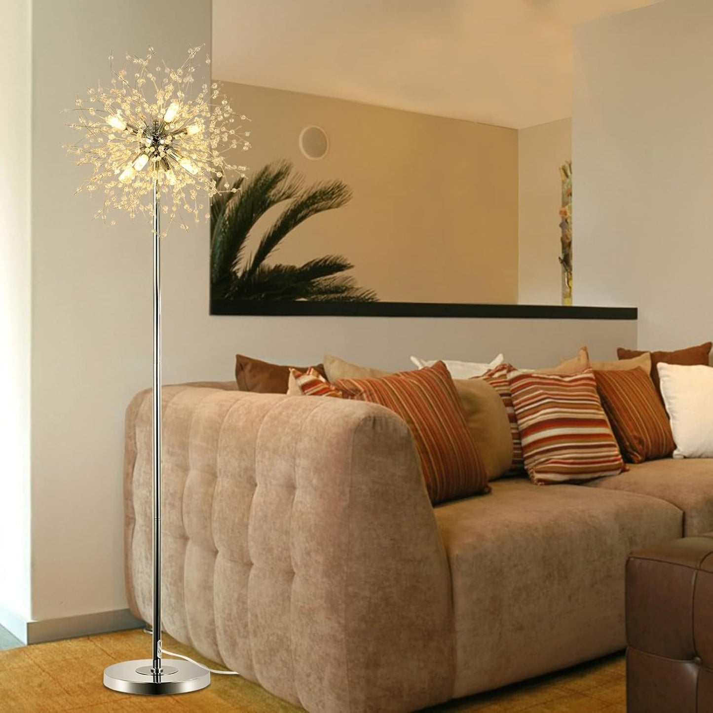 Elegant Crystal Floor Lamp - 69 Inch Modern Sputnik Design, 8-Lamp Heads, Chrome Finish, Living Room & Bedroom Lighting