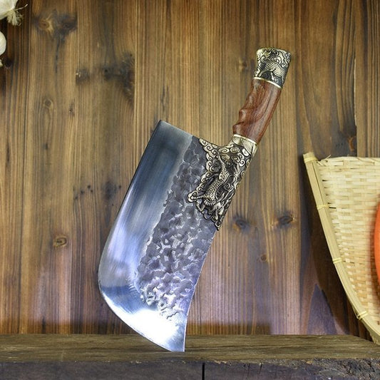 Handmade Retro Antique Kitchen Knife - 7CR17MOV Steel Blade, Brass & Acid Wood Handle, Dual-Purpose for Cutting and Chopping