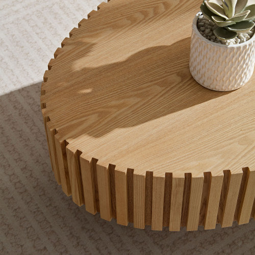 Modern Handcraft Drum Coffee Table – 43.7” Oval Coffee Table with Sturdy Pedestal Base for Living Room, Natural Ash MDF