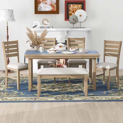 TREXM Dining Table and Chairs with Benches, 6-Piece Country Wood Dining Set (Natural Wood Wash)