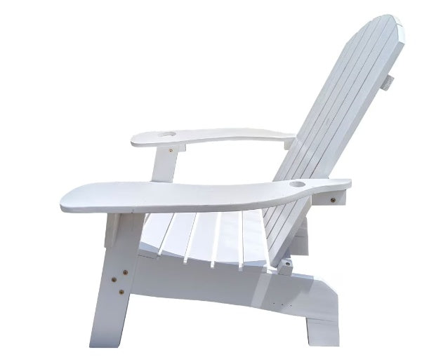 White Outdoor/Indoor Wooden Adirondack Chair with Umbrella Hole - Solid Wood, Relaxing Reclining Seat