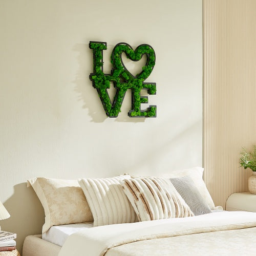 "LOVE" Letter Art Moss Wall Decoration - Eco-Friendly, Low Maintenance, Wrought Iron Frame - Romantic Green Home Decor with Heart Design