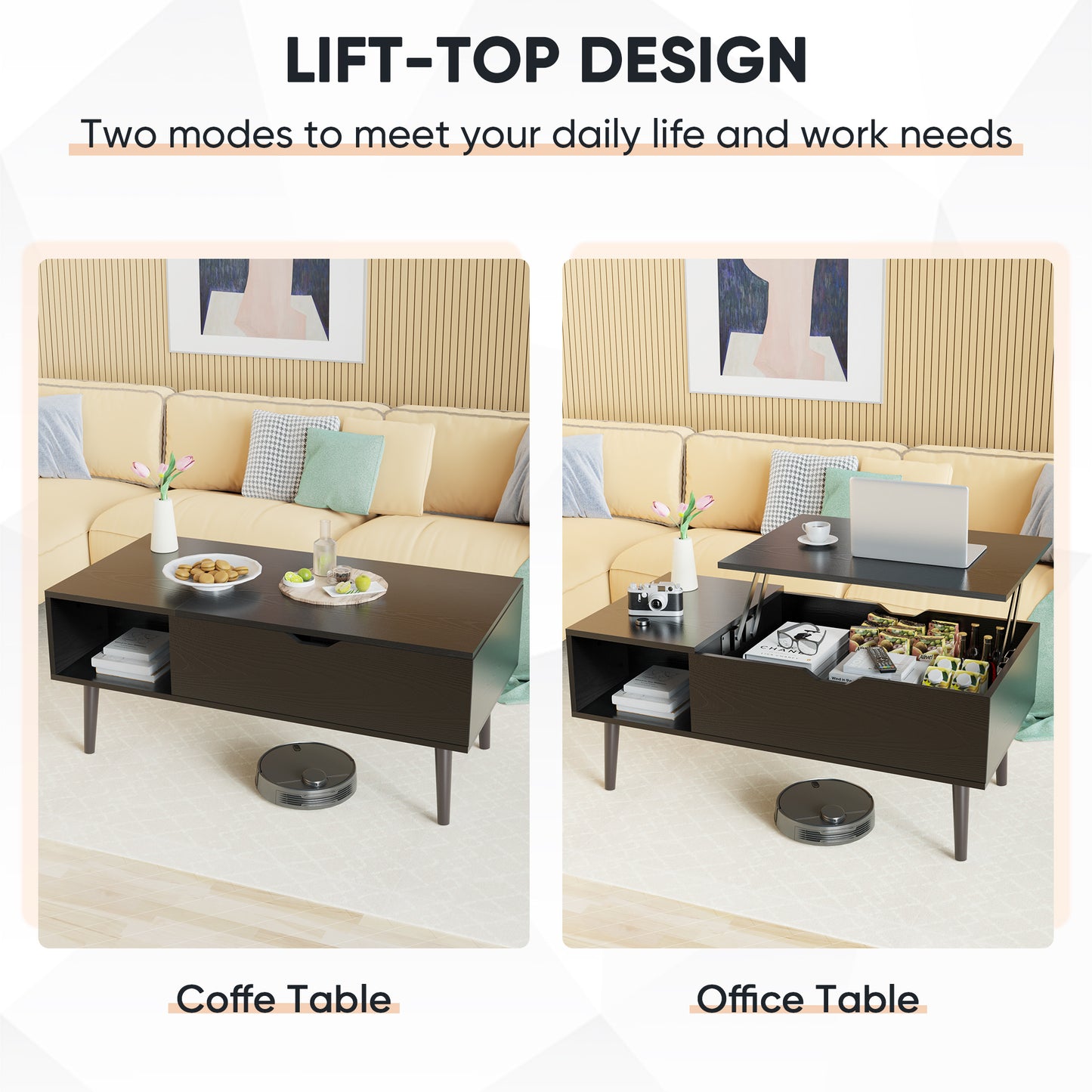 Lift-Top Coffee Table with Storage | Modern Wood Design for Living Room & Office - Black/Brown