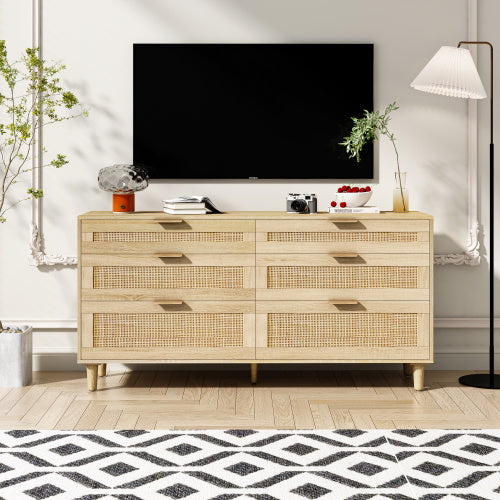 59" Rattan 6-Drawer Dresser with Metal Handles & Wood Legs - Storage Cabinet for Bedroom, Living Room, Hallway (Natural)