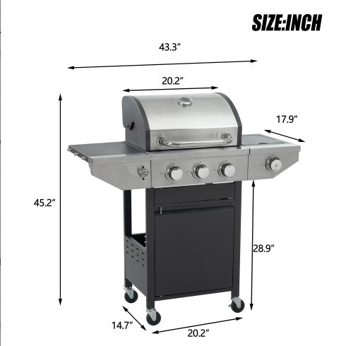 3-Burner Propane BBQ Grill with Side Burner, Stainless Steel Gas Grill – 37,000 BTU Outdoor Patio Cooking, Black & Silver