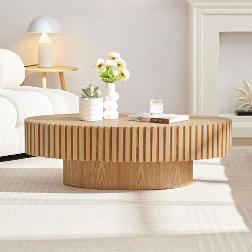 Modern Handcraft Drum Coffee Table – 43.7” Oval Coffee Table with Sturdy Pedestal Base for Living Room, Natural Ash MDF