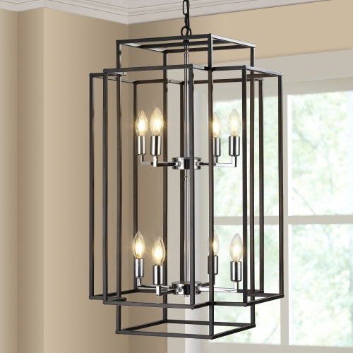 8-Layer Industrial Farmhouse Chandelier – Black & Silver Pendant Lighting for Living Room, Kitchen, and Hallway