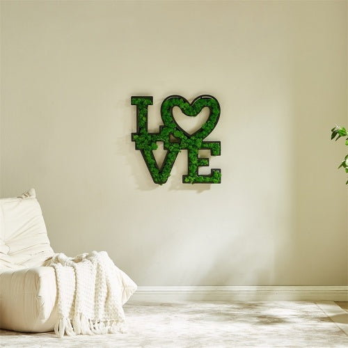 "LOVE" Letter Art Moss Wall Decoration - Eco-Friendly, Low Maintenance, Wrought Iron Frame - Romantic Green Home Decor with Heart Design