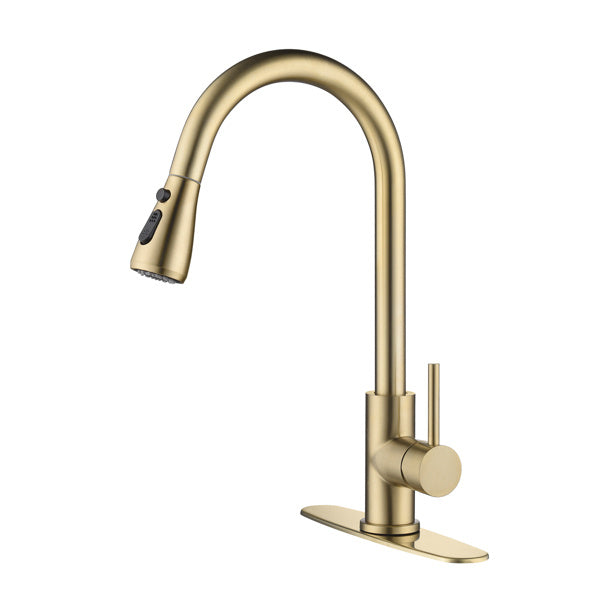 "Brushed Gold Kitchen Faucet with Pull-Down Sprayer - 360° Swivel Spout, Single Handle, Ceramic Valve - Easy Installation & Maintenance"