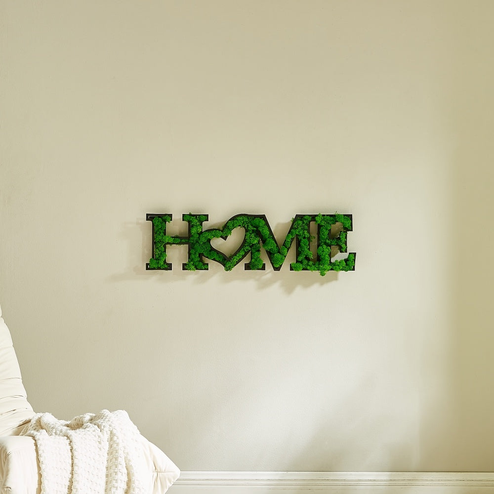 "HOME" Letter Art Moss Wall Hanging - Eco-Friendly, Sturdy Iron Frame, Whimsical Heart Design - Natural Green Decor for Home & Office