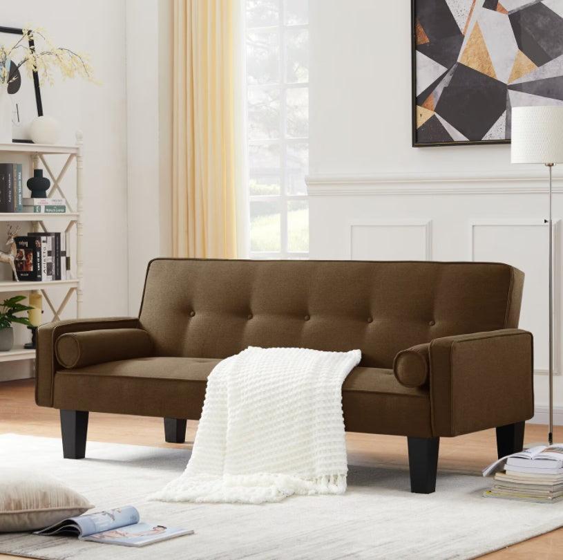 "Mid-Century Modern Brown Fabric Love Seat Sofa – Button Tufted with Pillows, Pull Point Backrest, Ideal for Living Room & Bedroom"