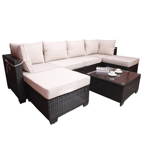 Outdoor Garden Patio Furniture Set – 7-Piece PE Rattan Wicker Cushioned Sofa Set with Coffee Table, 2 Pillows, and Rust-Resistant Frame