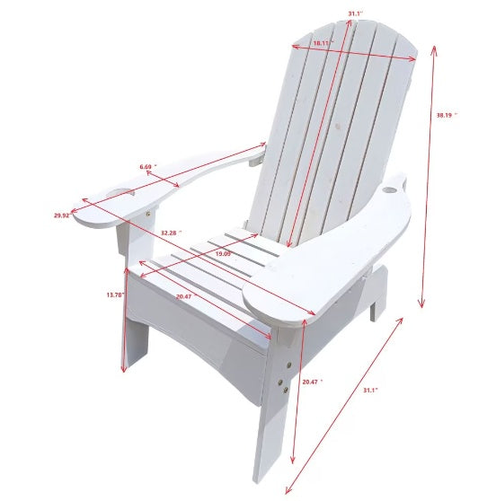 White Outdoor/Indoor Wooden Adirondack Chair with Umbrella Hole - Solid Wood, Relaxing Reclining Seat