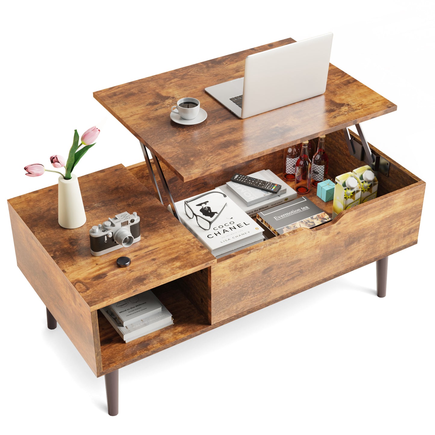 Lift-Top Coffee Table with Storage | Modern Wood Design for Living Room & Office - Black/Brown