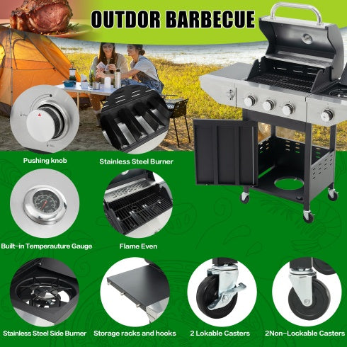 3-Burner Propane BBQ Grill with Side Burner, Stainless Steel Gas Grill – 37,000 BTU Outdoor Patio Cooking, Black & Silver