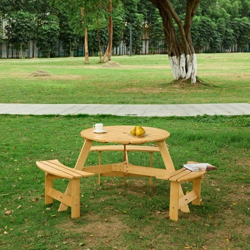 6-Person Round Picnic Table with 3 Built-in Benches, Umbrella Hole – Outdoor Wooden Bench Set for Garden, Backyard, Patio, Porch