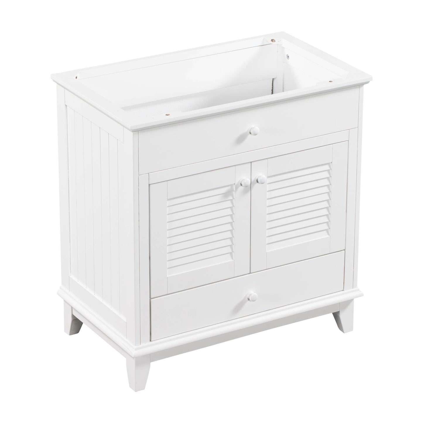 Modern White Bathroom Cabinet Base – Solid Wood Frame, Shutter Door Design, Freestanding Vanity Base