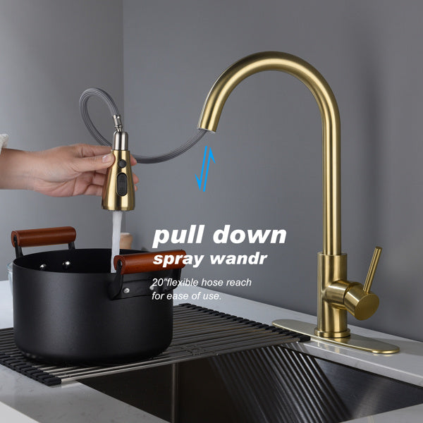 "Brushed Gold Kitchen Faucet with Pull-Down Sprayer - 360° Swivel Spout, Single Handle, Ceramic Valve - Easy Installation & Maintenance"