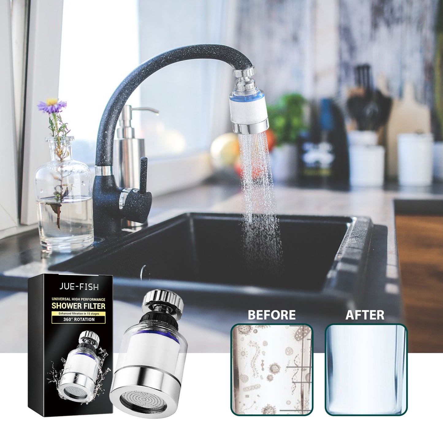 360° Rotating Faucet Water Filter – High-Pressure Water Purifier for Clean Water & Soft Skin